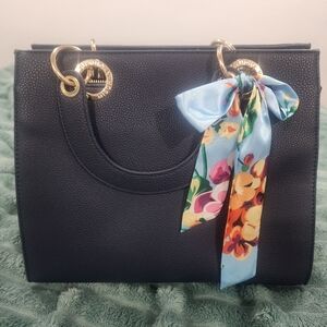 Chic Navy Satchel Purse with Floral Scarf